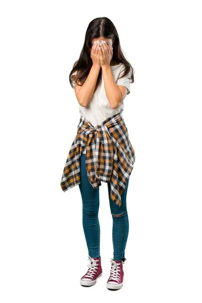 Полнометражный Снимок Девочки Подростка Рубашке Привязанной Талии Уставшим Больным Выражением — стоковое фото
