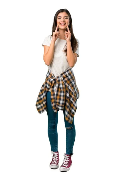 Full Length Shot Teenager Girl Shirt Tied Waist Smiling Happy — Stock Photo, Image