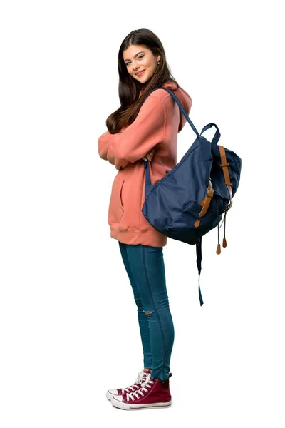Uma Foto Completa Uma Adolescente Com Camisola Mochila Mantendo Braços — Fotografia de Stock
