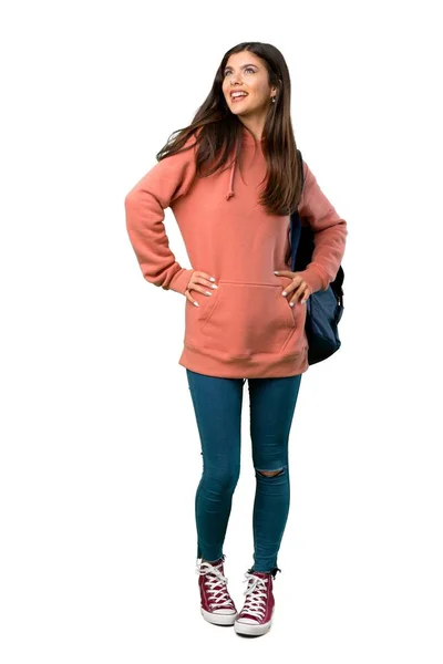 Full Length Shot Teenager Girl Sweatshirt Backpack Posing Arms Hip — Stock Photo, Image