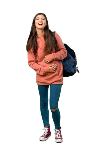 Pełnej Długości Strzał Nastolatek Dziewczyny Bluza Plecak Uśmiechający Się Dużo — Zdjęcie stockowe