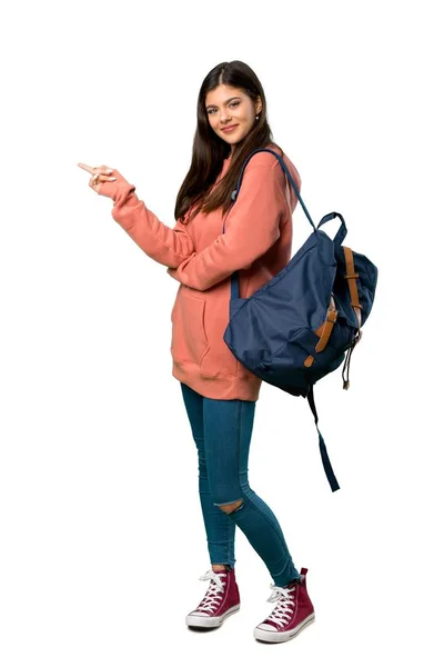 Uma Foto Completa Uma Adolescente Com Camisola Mochila Apontando Dedo — Fotografia de Stock