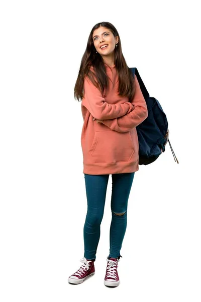 Eine Ganzkörperaufnahme Eines Teenagers Mit Sweatshirt Und Rucksack Der Lächelnd — Stockfoto