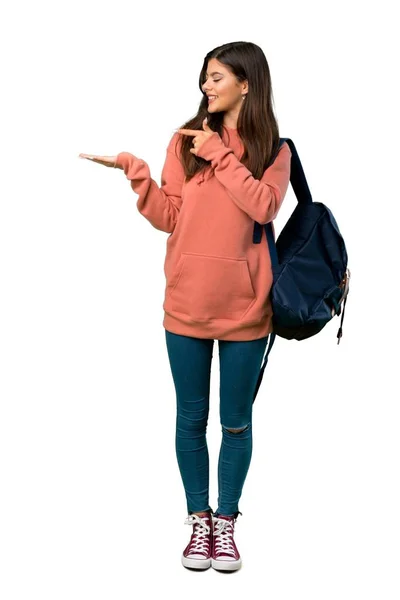 Eine Ganzkörperaufnahme Eines Teenagermädchens Mit Sweatshirt Und Rucksack Das Imaginäre — Stockfoto