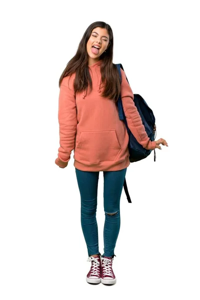 Eine Ganzkörperaufnahme Eines Teenagermädchens Mit Sweatshirt Und Rucksack Das Die — Stockfoto