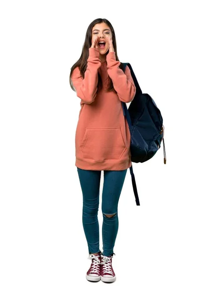 Una Toma Completa Una Adolescente Con Sudadera Mochila Gritando Anunciando — Foto de Stock