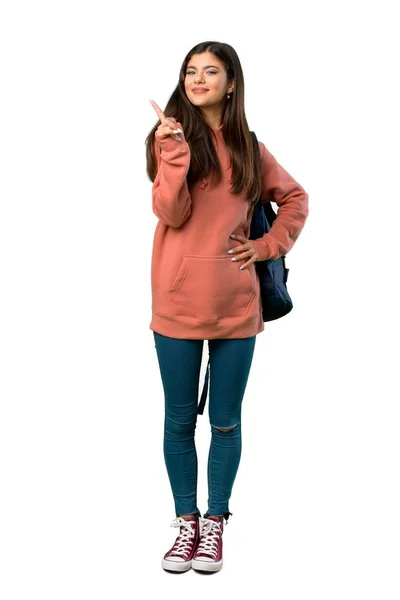 Full Length Shot Teenager Girl Sweatshirt Backpack Showing Lifting Finger — Stock Photo, Image