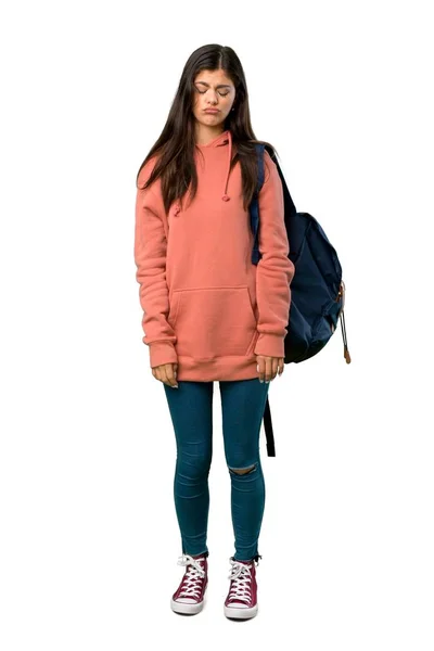 Full Length Shot Teenager Girl Sweatshirt Backpack Sad Depressed Expression — Stock Photo, Image