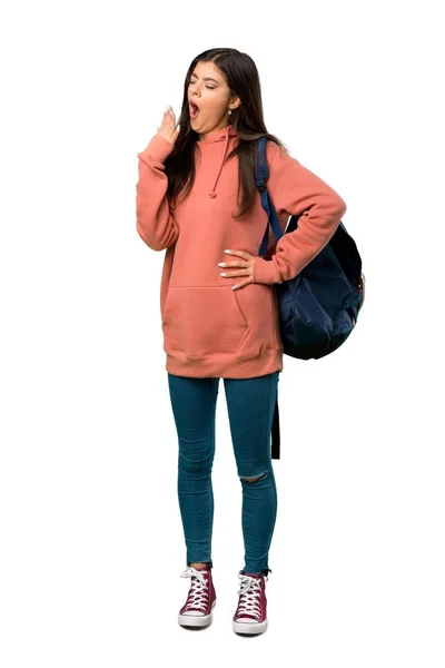 Eine Ganzkörperaufnahme Eines Teenagermädchens Mit Sweatshirt Und Rucksack Das Gähnt — Stockfoto