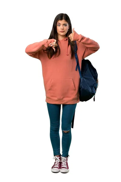 Full Length Shot Teenager Girl Sweatshirt Backpack Making Good Bad — Stock Photo, Image