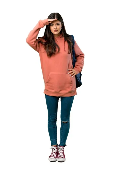 Full Length Shot Teenager Girl Sweatshirt Backpack Looking Far Away — Stock Photo, Image