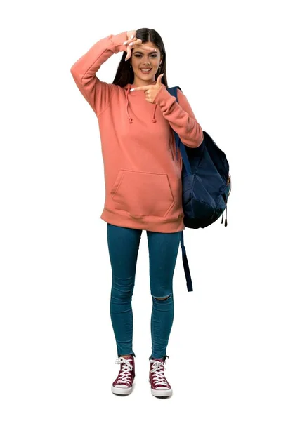 Eine Ganzkörperaufnahme Eines Jugendlichen Mädchens Mit Sweatshirt Und Rucksack Mit — Stockfoto