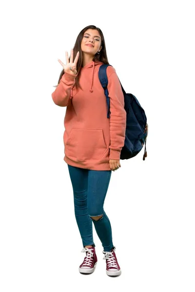 Eine Ganzkörperaufnahme Eines Teenagermädchens Mit Sweatshirt Und Rucksack Das Glücklich — Stockfoto