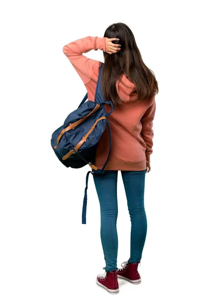 Uma Foto Completa Uma Adolescente Com Camisola Mochila Posição Traseira — Fotografia de Stock