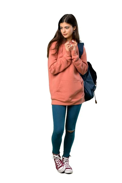 Eine Ganzkörperaufnahme Eines Teenagermädchens Mit Sweatshirt Und Rucksack Das Etwas — Stockfoto