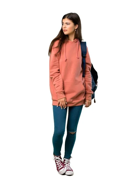 Full Length Shot Teenager Girl Sweatshirt Backpack Feeling Upset — Stock Photo, Image