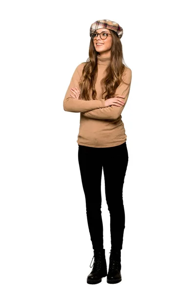 Full Length Shot Young Woman Beret Keeping Arms Crossed While — Stock Photo, Image