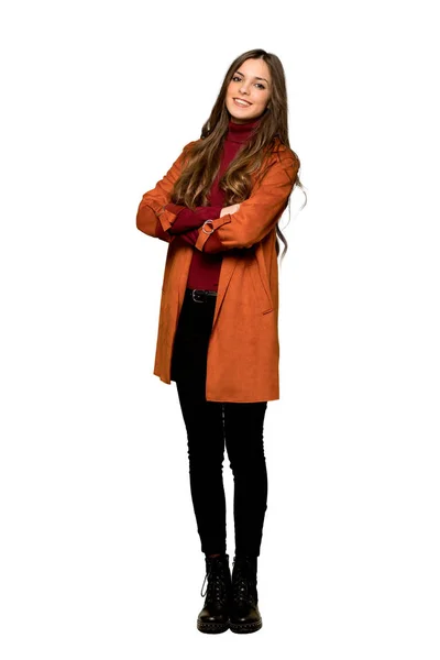 Celovečerní Snímek Mladé Ženy Kabátem Udržování Založenýma Čelní Pozici Izolované — Stock fotografie