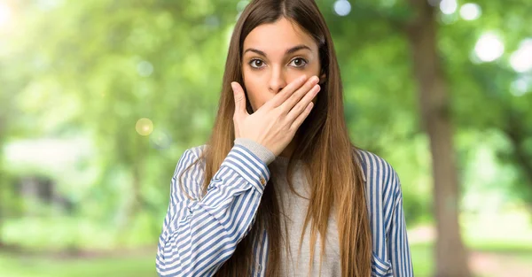 Young Girl Striped Shirt Covering Mouth Hands Saying Something Inappropriate — Stock Photo, Image