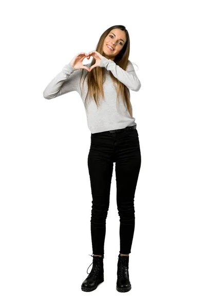Ganzkörperaufnahme Eines Jungen Mädchens Das Herz Symbol Mit Den Händen — Stockfoto