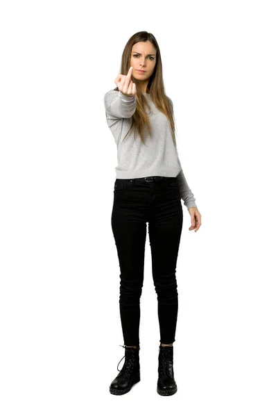 Ολόσωμο Στιγμιότυπο Από Νεαρό Κορίτσι Κάνοντας Χειρονομία Κέρατο Απομονωμένες Άσπρο — Φωτογραφία Αρχείου