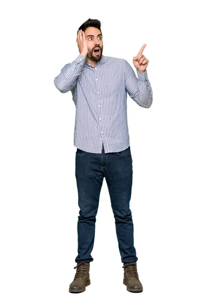 Tiro Completo Homem Elegante Com Camisa Apontando Para Cima Surpreso — Fotografia de Stock