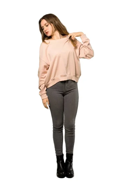 Eine Ganzkörperaufnahme Eines Teenager Mädchens Mit Rosa Pullover Mit Müdem — Stockfoto