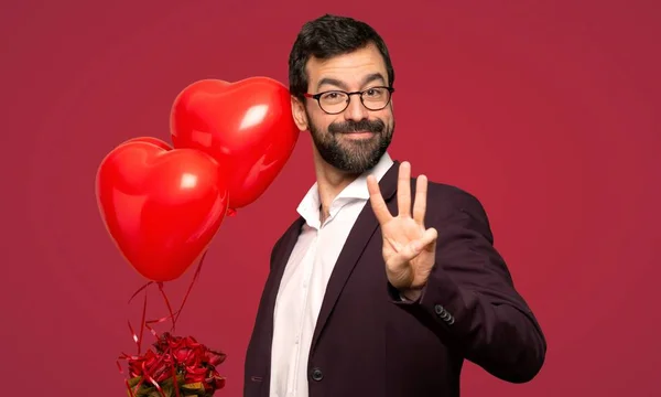 Hombre San Valentín Feliz Contando Tres Con Los Dedos Sobre —  Fotos de Stock