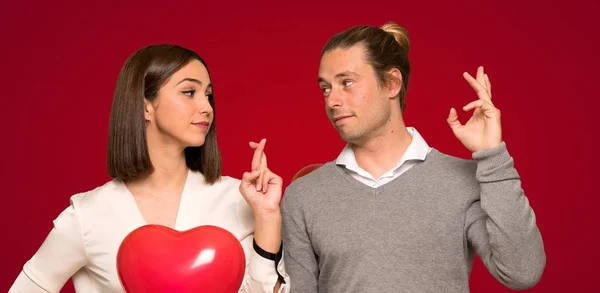 Couple Valentine Day Fingers Crossing Wishing Best Red Background — Stock Photo, Image