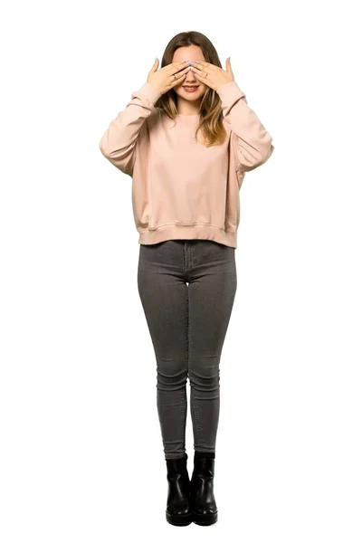 Full Length Shot Teenager Girl Pink Sweater Covering Eyes Hands — Stock Photo, Image