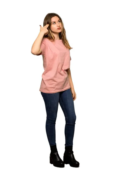 Eine Ganzkörperaufnahme Eines Teenagermädchens Mit Rosafarbenem Pullover Mit Selbstmordgeste Auf — Stockfoto