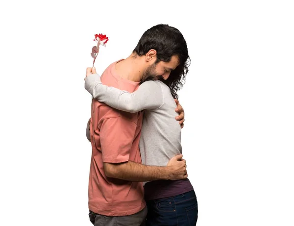 Koppel Dag Van Valentijnskaart Met Bloemen Geïsoleerde Witte Achtergrond — Stockfoto