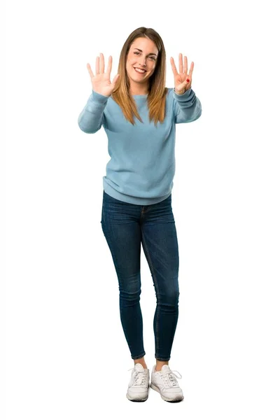 Ganzkörper Einer Blonden Frau Mit Blauem Hemd Die Neun Zählt — Stockfoto