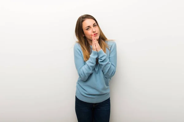 Blonde Woman Isolated White Background Keeps Palm Together Person Asks — Stock Photo, Image