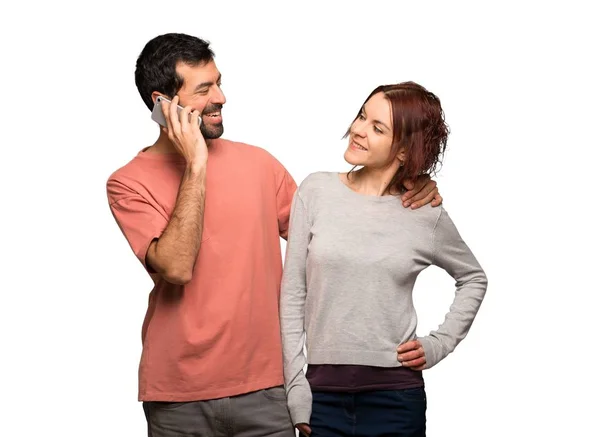 Couple Valentine Day Keeping Conversation Mobile Phone Isolated White Background — Stock Photo, Image