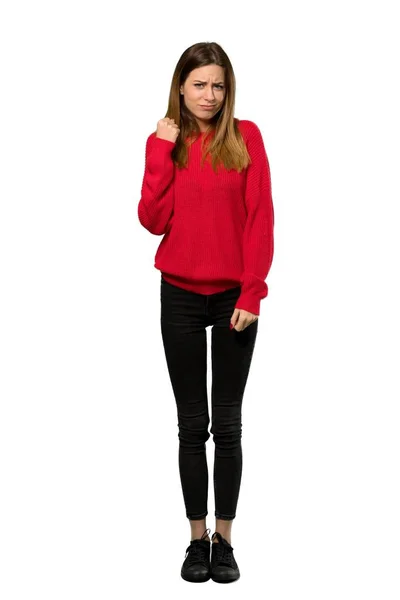 Full Length Una Giovane Donna Con Maglione Rosso Con Gesto — Foto Stock