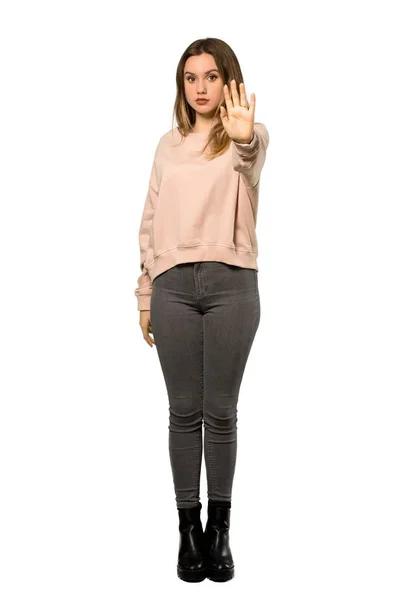Full Length Shot Teenager Girl Pink Sweater Making Stop Gesture — Stock Photo, Image