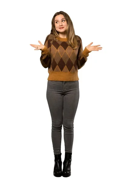 Uma Foto Completa Uma Adolescente Com Suéter Marrom Com Dúvidas — Fotografia de Stock