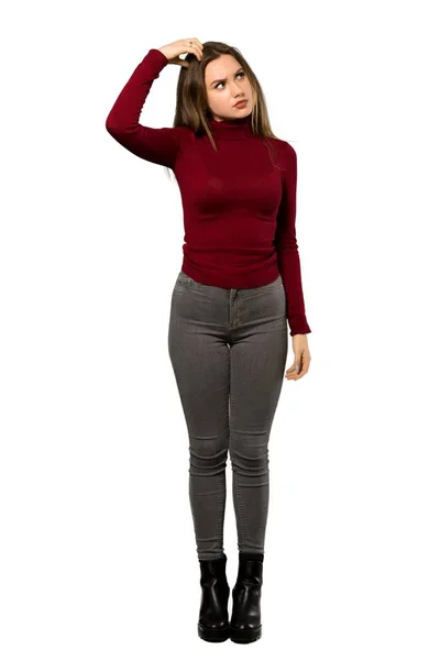 Uma Foto Completa Uma Adolescente Com Gola Alta Com Dúvidas — Fotografia de Stock