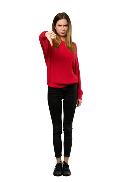 Plan Complet Une Jeune Femme Avec Pull Rouge Montrant Pouce — Photo