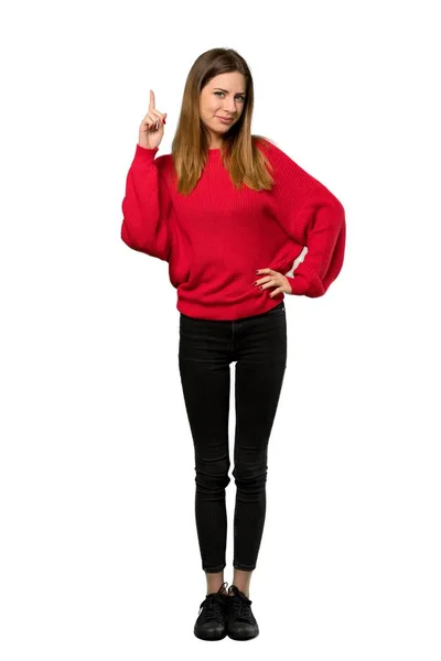 Full Length Shot Young Woman Red Sweater Showing Lifting Finger — Stock Photo, Image