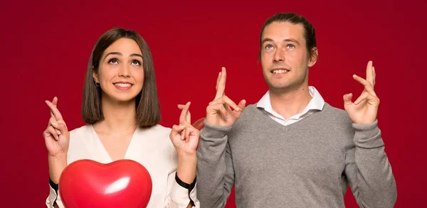 Couple Valentine Day Fingers Crossing Wishing Best Red Background — Stock Photo, Image