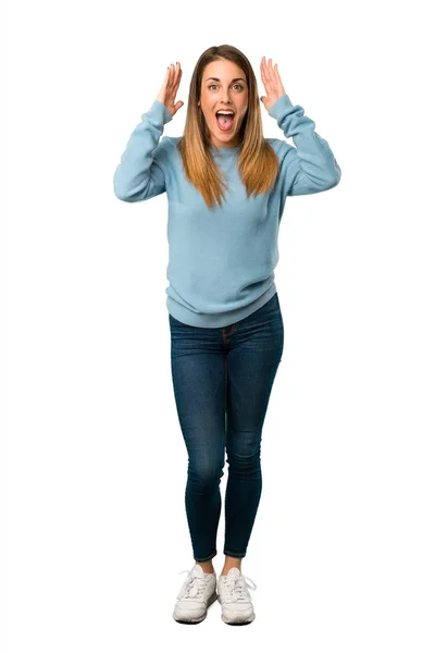 Full Body Blonde Woman Blue Shirt Surprise Shocked Facial Expression — Stock Photo, Image