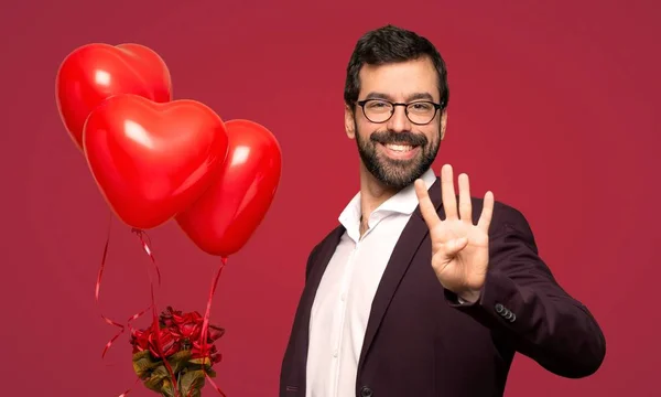 Sevgililer Günü Mutlu Sayım Dört Parmak Üzerinde Kırmızı Arka Plan — Stok fotoğraf