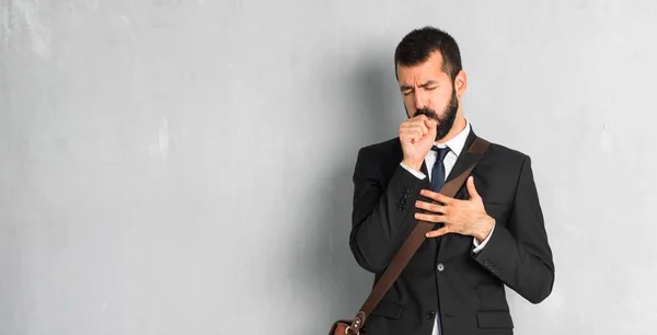 Businessman Beard Suffering Cough Feeling Bad — Stock Photo, Image