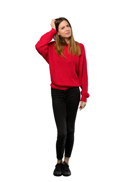 좌절과 이해의 표현으로 스웨터와 여자의 — 스톡 사진