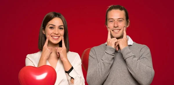 Couple Valentine Day Smiling Happy Pleasant Expression Red Background — Stock Photo, Image