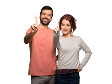 Çift olarak gösterilen ve izole beyaz arka plan üzerinde parmak kaldırma Sevgililer günü