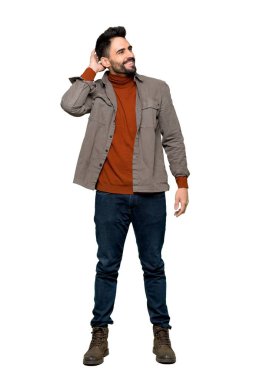 Tam uzunlukta bir fikir izole beyaz arka plan üzerinde kafa çizilmemesi süre düşünme sakallı yakışıklı adam kadeh