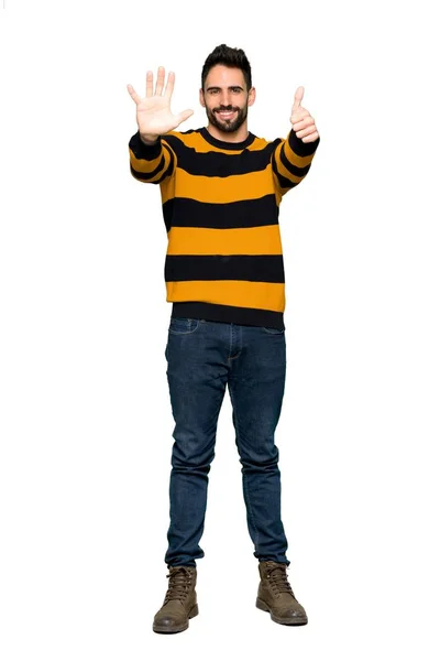 Full Length Shot Handsome Man Striped Sweater Counting Six Fingers — Stock Photo, Image